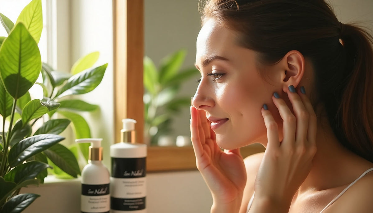 Young woman in eco bathroom using natural skincare
