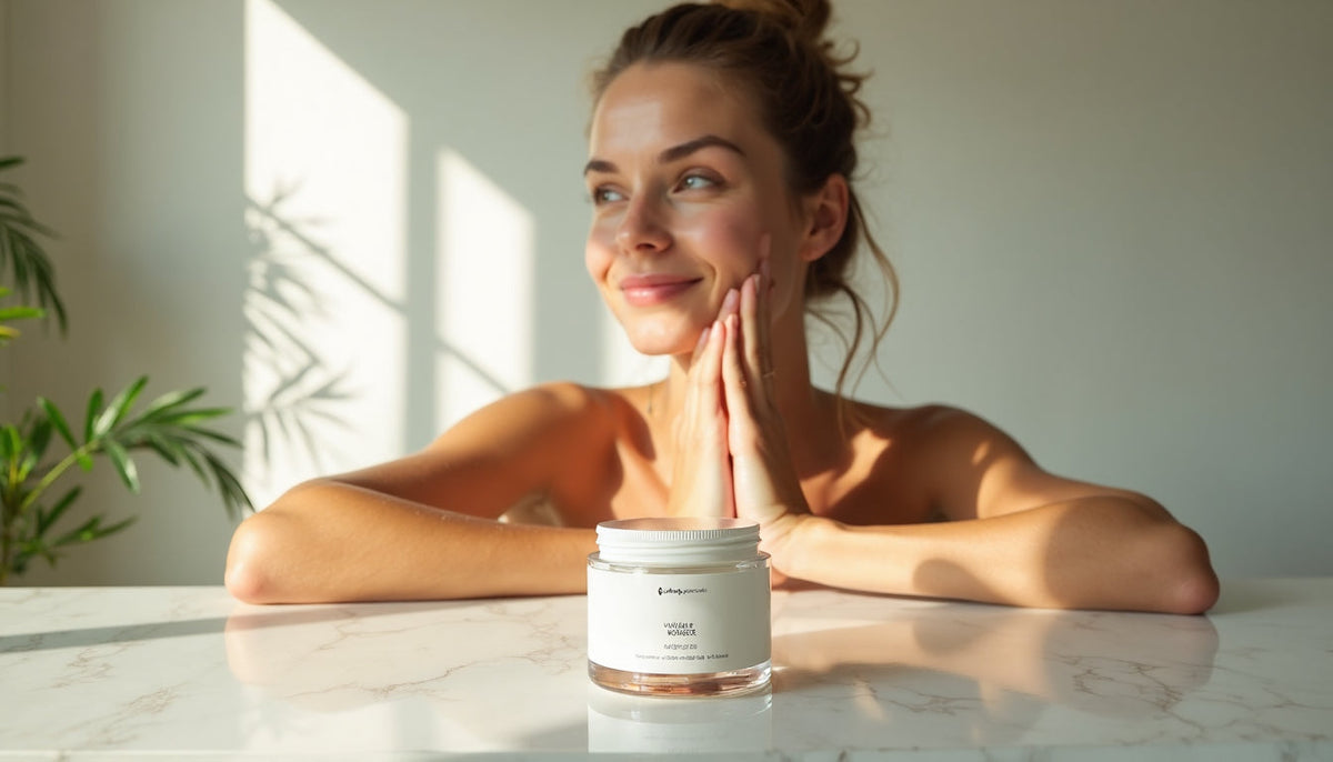 Woman taking skincare supplements with a glass of water for glowing, youthful skin