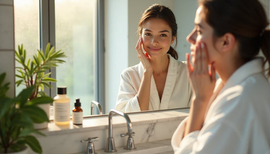 Young woman using natural cleanser in sunlit bathroom.