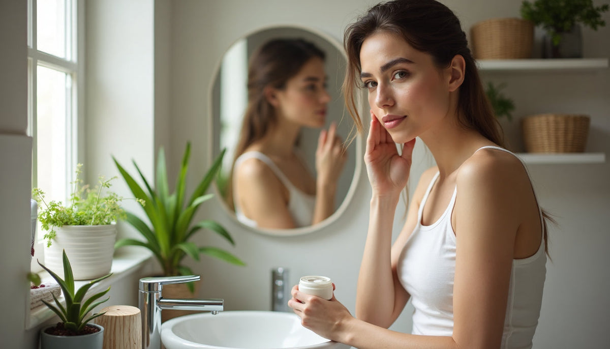 Woman moisturizing face in morning bathroom light