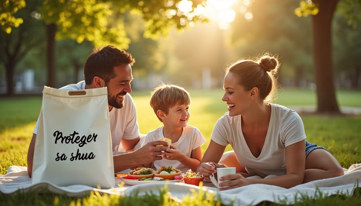Famille pique-niqueant à l’ombre avec sac marqué Protéger sa peau