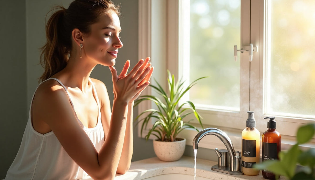 Woman doing morning skincare in sunlit, minimalist bathroom