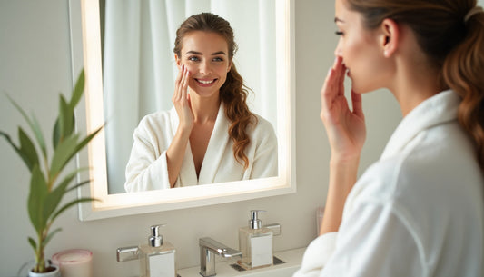 Woman in white robe applying organic skincare at sunny bathroom mirror