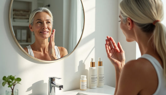 Woman applying facial cream in sunlit bathroom, text Anti-Aging Tipps on mirror