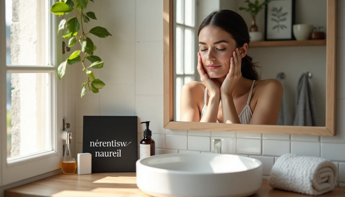 Woman cleansing her face in cozy Parisian bathroom with natural light