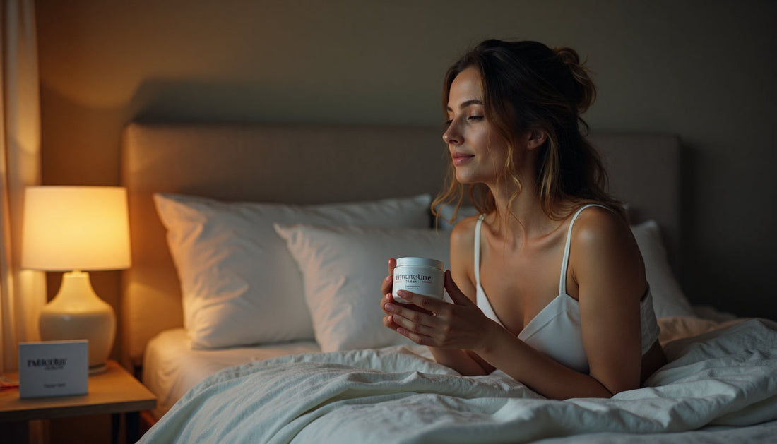 Woman gently applying night cream at bedtime