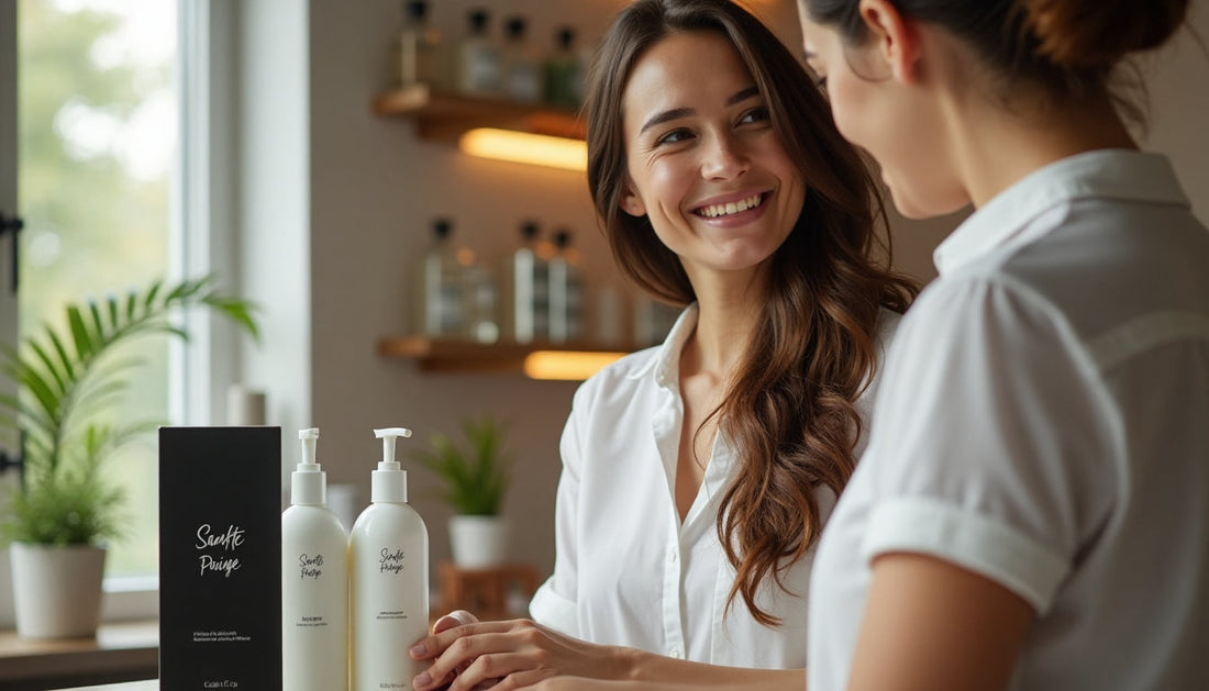 Hairstylist applies eco-friendly product in bright salon