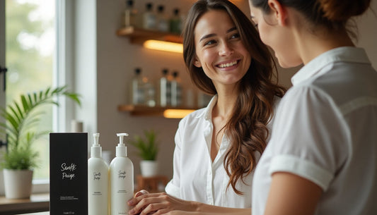 Hairstylist applies eco-friendly product in bright salon