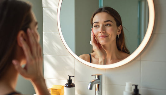 Young woman checking skin in sunlit bathroom mirror