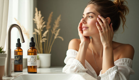 Femme appliquant huile végétale devant miroir lumineux