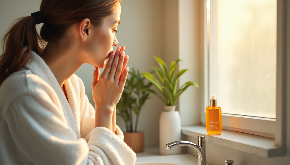 Woman applying moisturizer in morning bathroom light