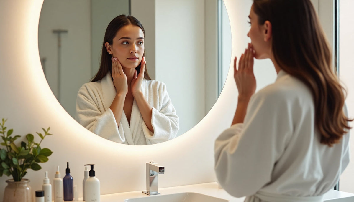 Woman applying retinol serum in bathroom mirror scene