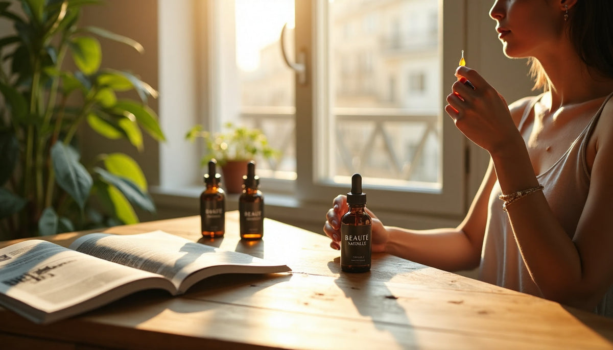 Young woman applying organic skincare serum by window