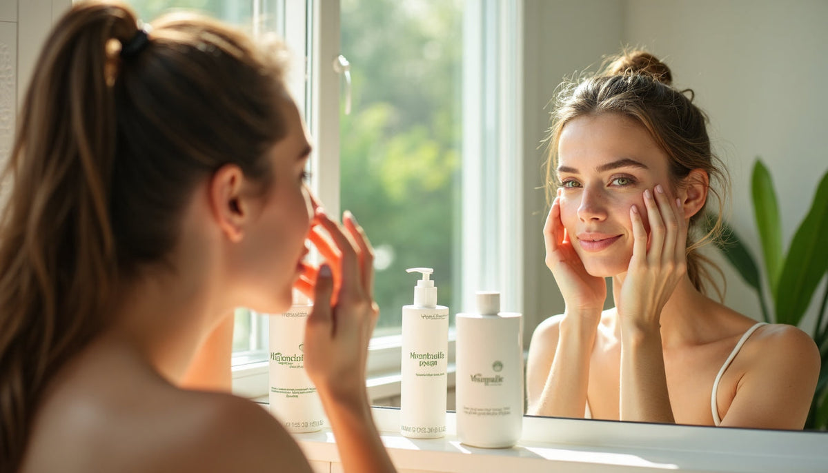 Two people applying vegan skincare in sunny bathroom