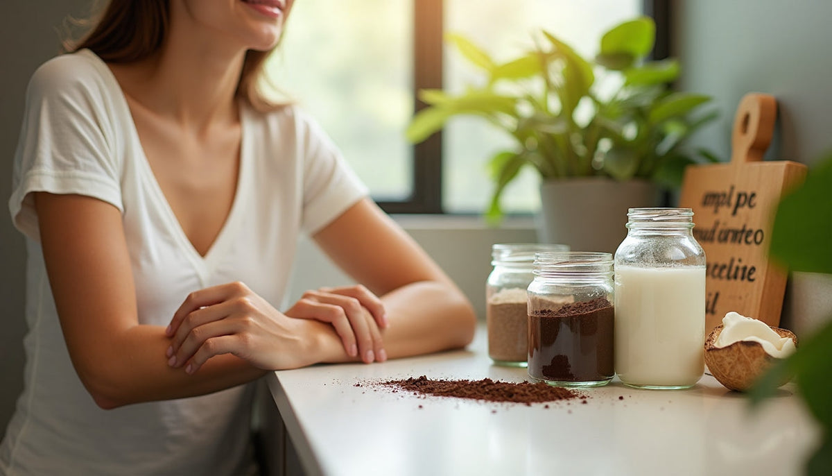 Woman applies natural body scrub in eco-friendly bathroom, 'Piel Radiante' visible on counter.