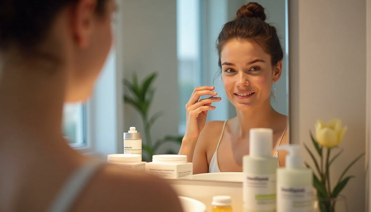 Vrouw leest huidverzorgingslabel in Europese badkamer, spiegel toont duidelijke EU skincare standaarden poster
