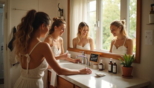 People of all ages applying skincare in a sunlit bathroom with natural products and 'Rutina Natural' text on chalkboard