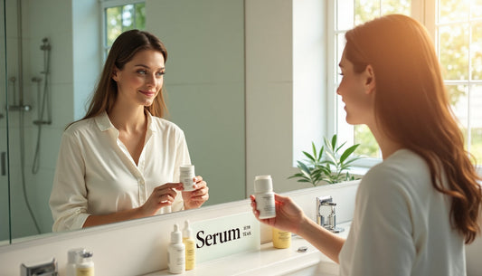 Woman choosing between serum and cream in modern bathroom