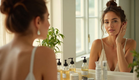 Woman applies natural skincare in bright bathroom with 'clean beauté' on mirror