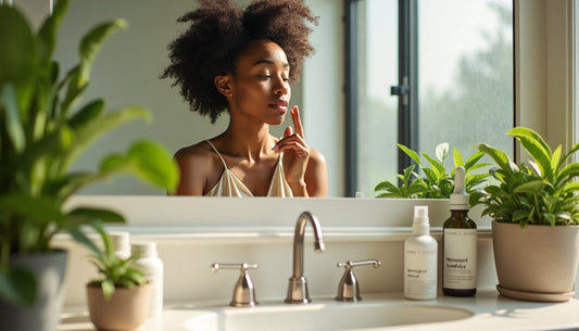 Woman applies plant-based serum in bright bathroom with 'Natural Science' text on product.