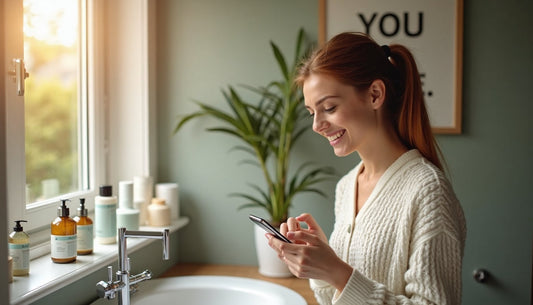 Dutch woman checking cruelty-free beauty product with logos displayed