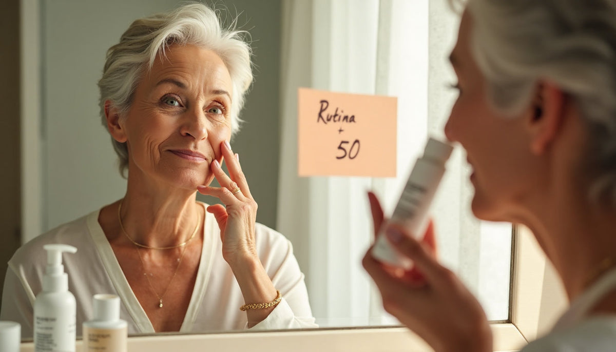 Mature woman applying skincare in sunlit bathroom with SPF 50 visible