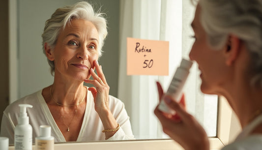Mature woman applying skincare in sunlit bathroom with SPF 50 visible