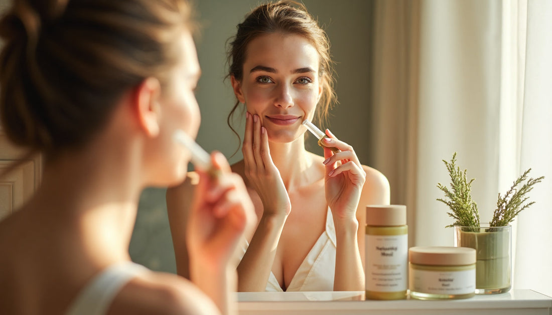 Young woman using sustainable clean beauty products in bright bathroom