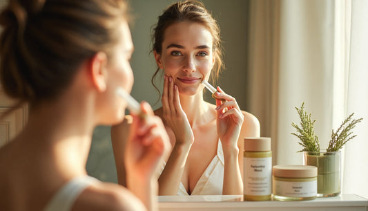 Young woman using sustainable clean beauty products in bright bathroom