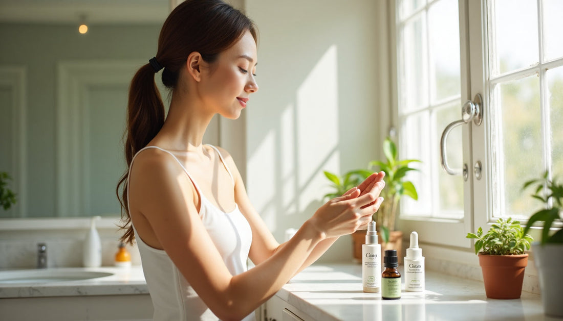 Woman selecting skincare product on clean vanity labeled Fresh Results