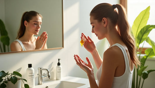Woman gently cleansing face in bright, modern bathroom with 'Sanfte Reinigung' on sign