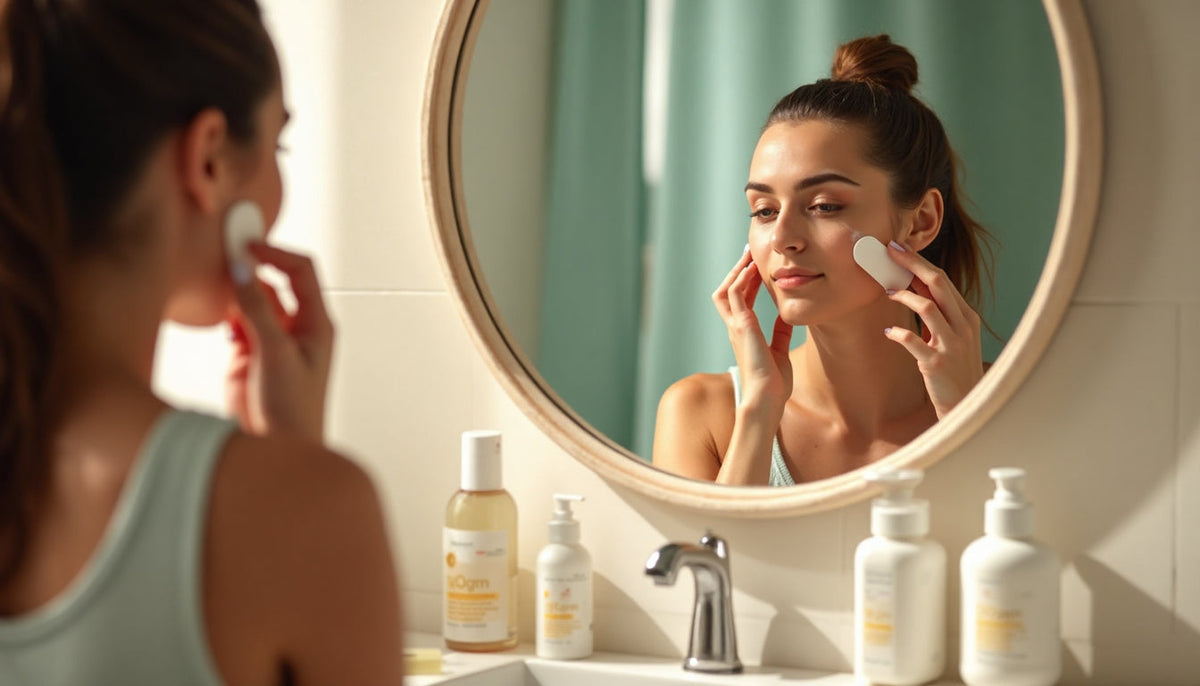 Woman applying facial sunscreen as part of morning routine