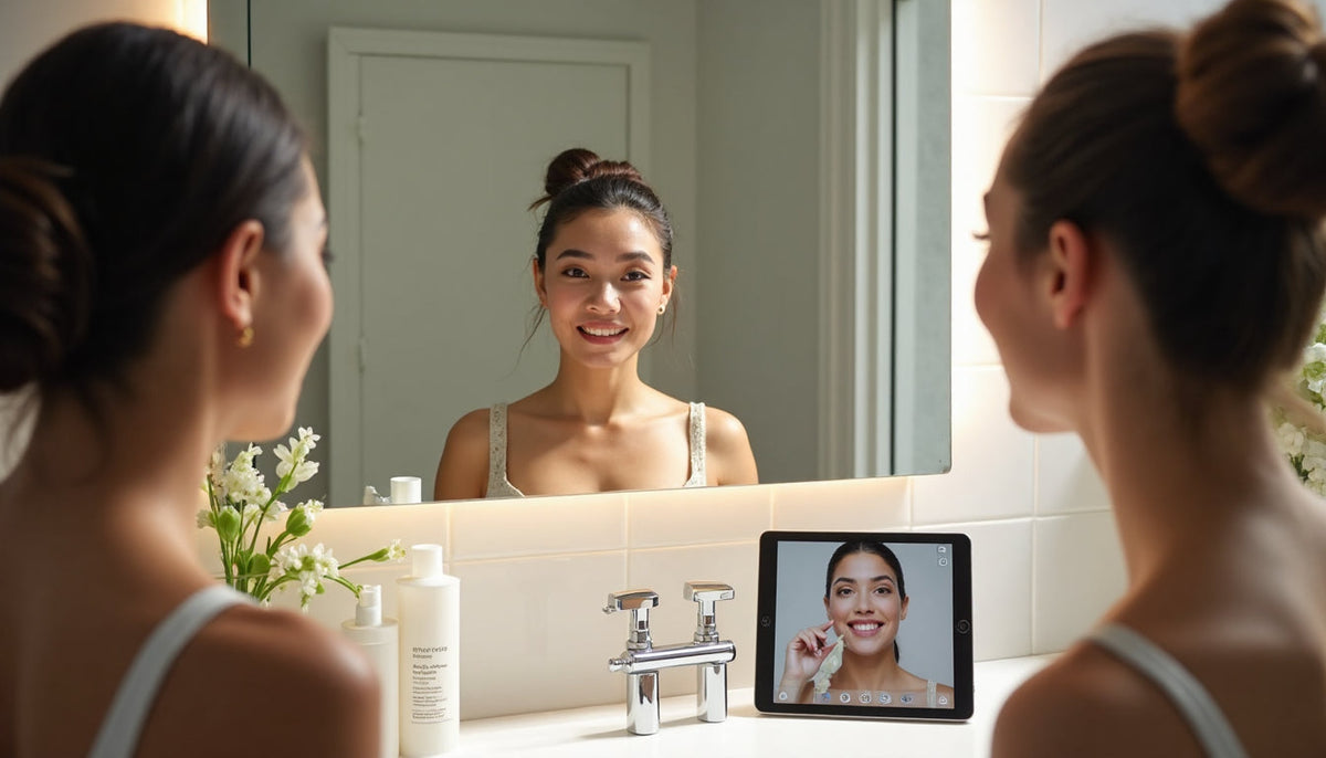 Diverse people using personalized skincare with digital analysis in a sunlit bathroom