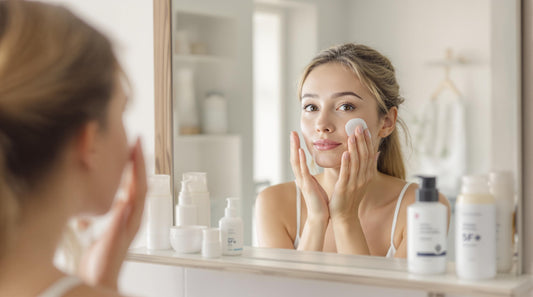 Woman doing morning skincare routine in bright bathroom, focusing on healthy skin