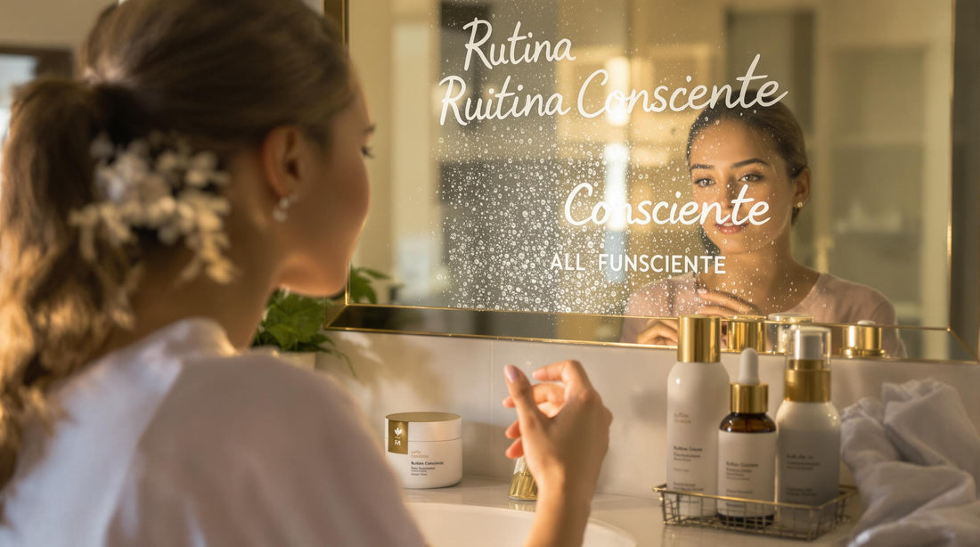 Young woman reviews skincare routine products in sunlit bathroom