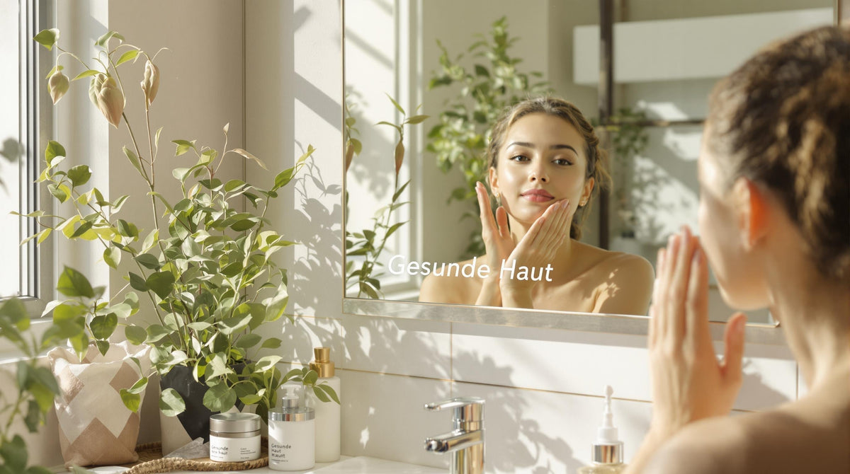 Woman applying moisturizer in sunlit bathroom with 'Gesunde Haut' text in mirror