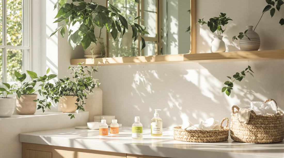 Woman applying skincare with eco-friendly products and green plants