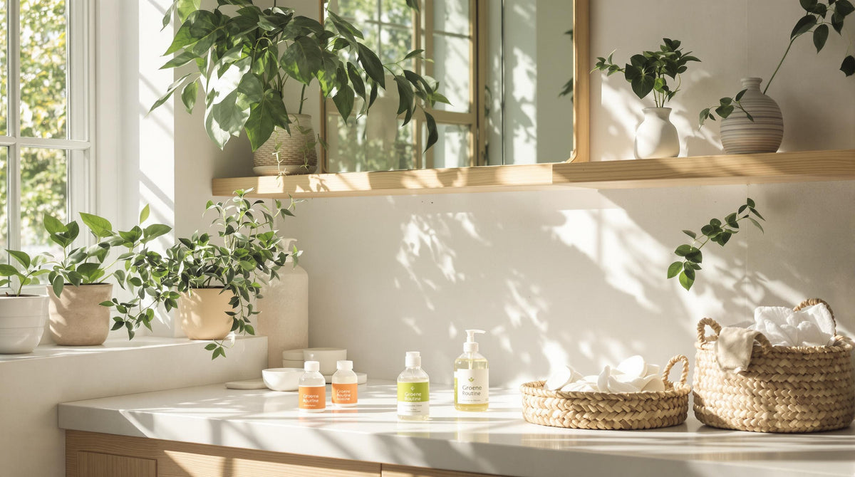 Woman applying skincare with eco-friendly products and green plants