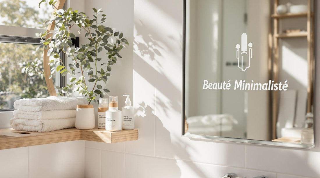 Woman in minimalist Parisian bathroom with simple, eco-friendly beauty products