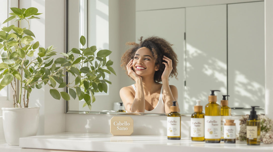 Woman applying natural oil in sunlit bathroom for hair health