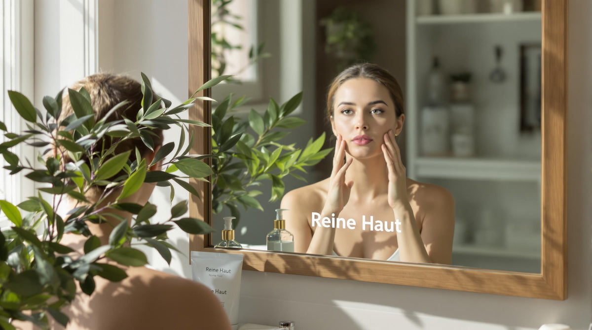 Person examines skin in mirror with eco-friendly skincare items