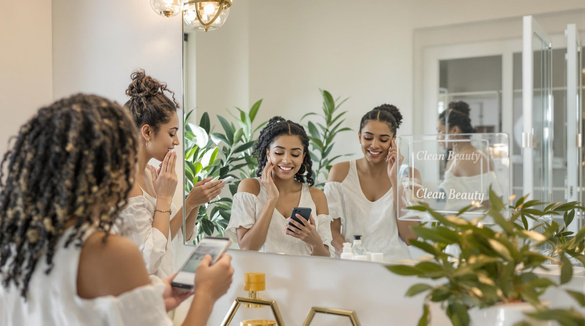 Diverse people exploring skincare products labeled Clean Beauty in bright bathroom