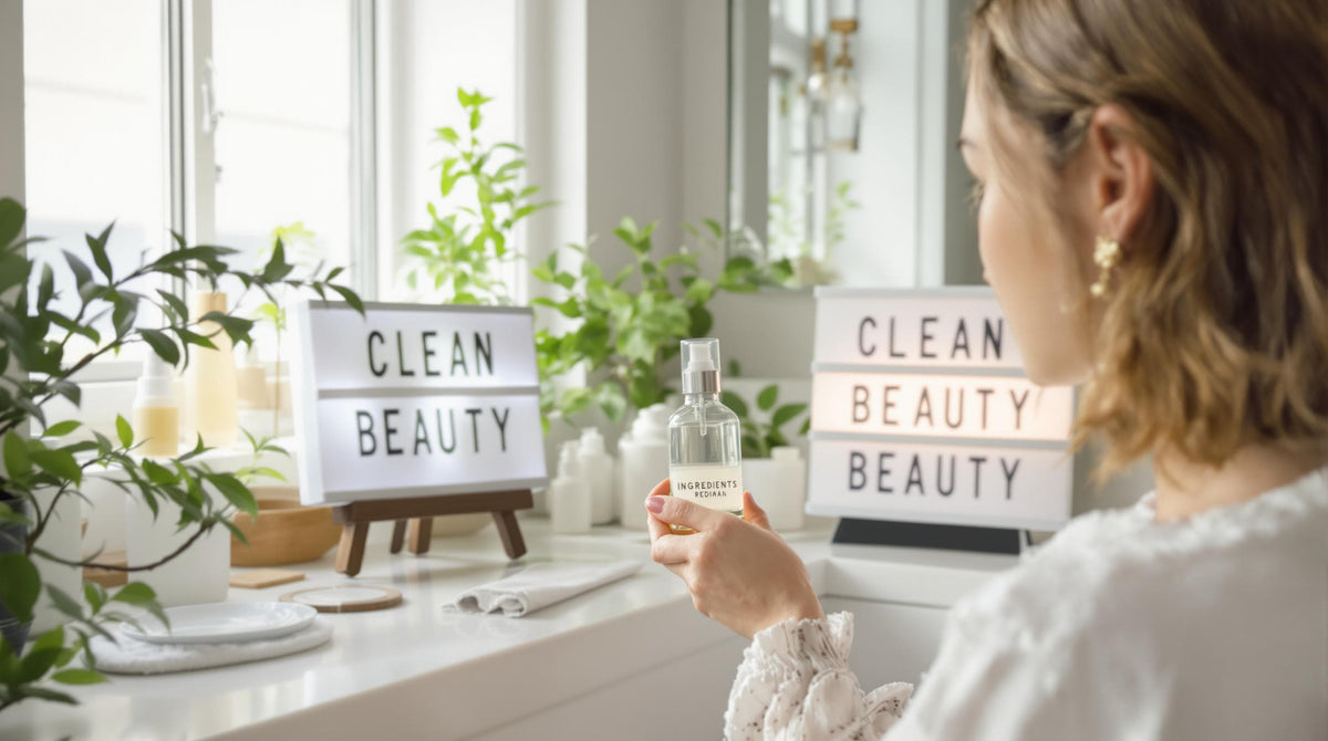 Woman checks clean beauty product label in sunny modern bathroom
