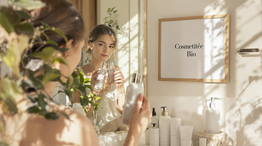 Young adult holding certified organic cosmetic in sunlit bath, 'Cosmétique Bio' poster visible.
