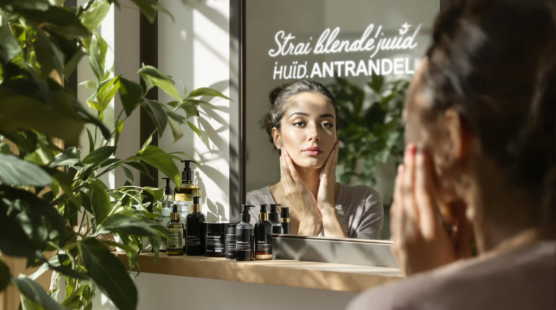 Vrouw doet huidverzorgingsroutine bij spiegel met producten en planten