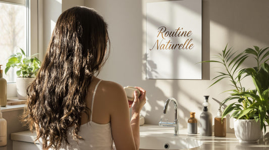Woman washing hair with solid shampoo in eco-friendly bathroom