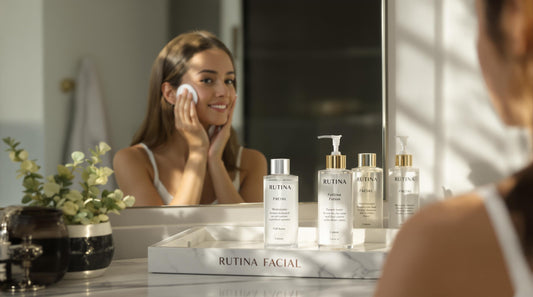 Woman applying facial toner at home vanity with skincare bottles and 'Rutina Facial' text.