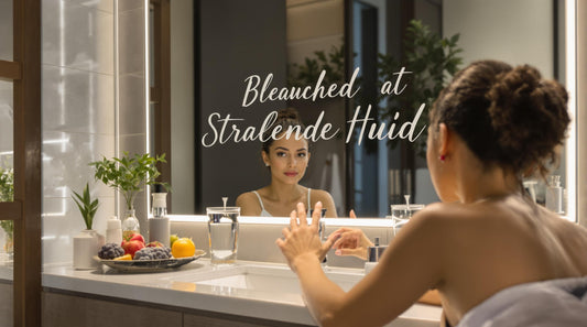 Vrouw met stralende huid in lichte badkamer ochtendroutine