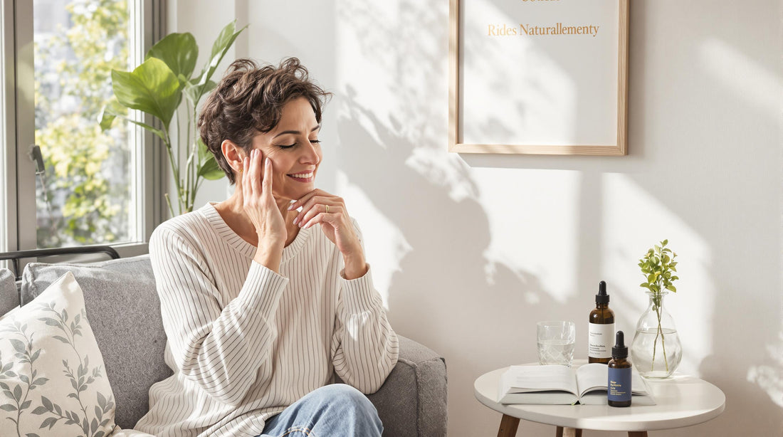 Woman gently touching face in sunlight with natural skincare items nearby