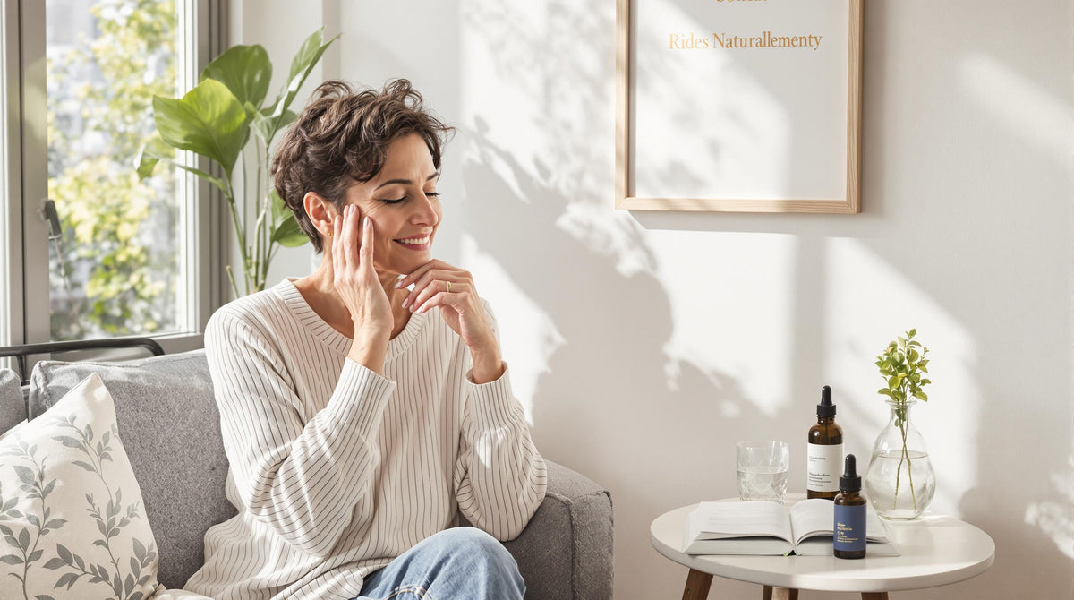 Woman gently touching face in sunlight with natural skincare items nearby